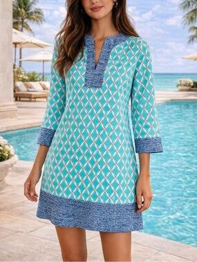Cabana Life Blue Geo Print Tunic Dress 3/4 Sleeve Vacation Resortwear